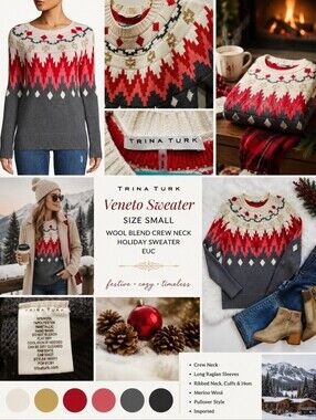 Trina Turk Veneto Wool Blend Crew Neck Holiday Sweater EUC - S